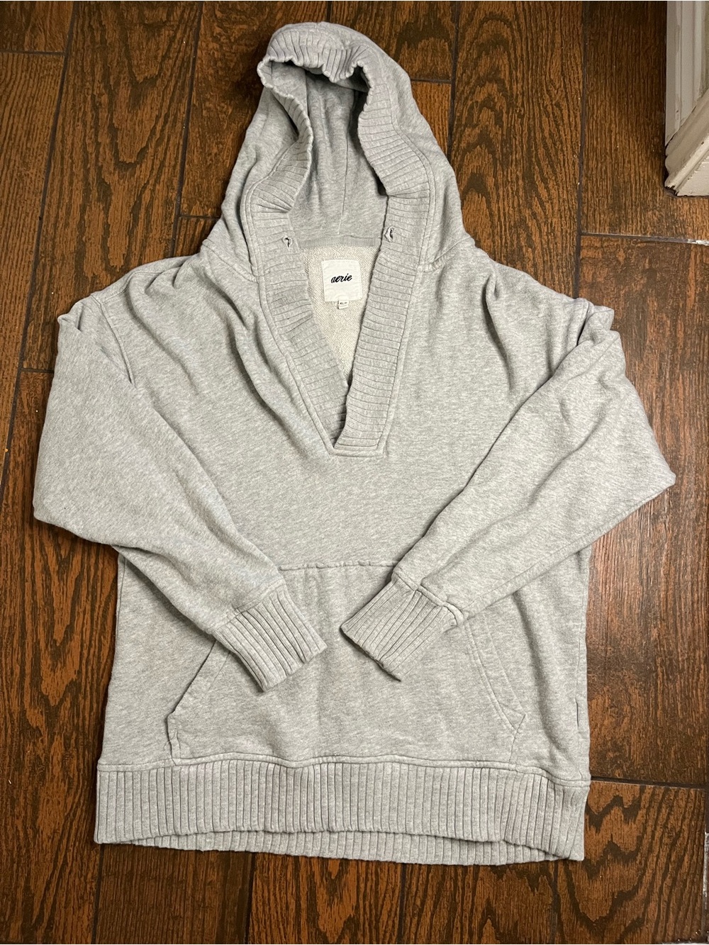 aerie Light Gray V-Neck Hooded Sweater